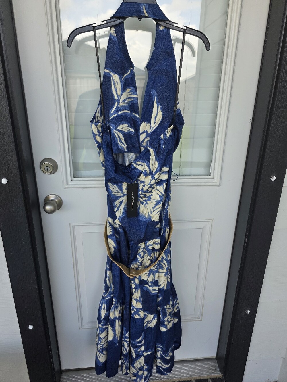 Donna Karan New York Halter Maxi Dress 16 Blue Floral Belted Resort NWT $199 - Picture 9 of 13